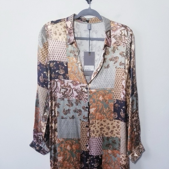 NWT Culture Patchwork Satin Dress M Long Sleeve Maxi Button Up Paisley Brocade - Picture 4 of 4